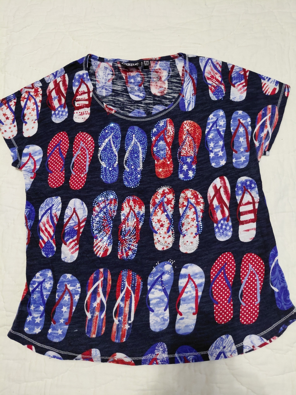 Onque Casuals Navy Tee with Red & Blue Flip-Flop Print Womens Petite